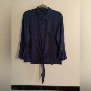 Calvin Klein Button Down Front Tie Bell Sleeve Blouse